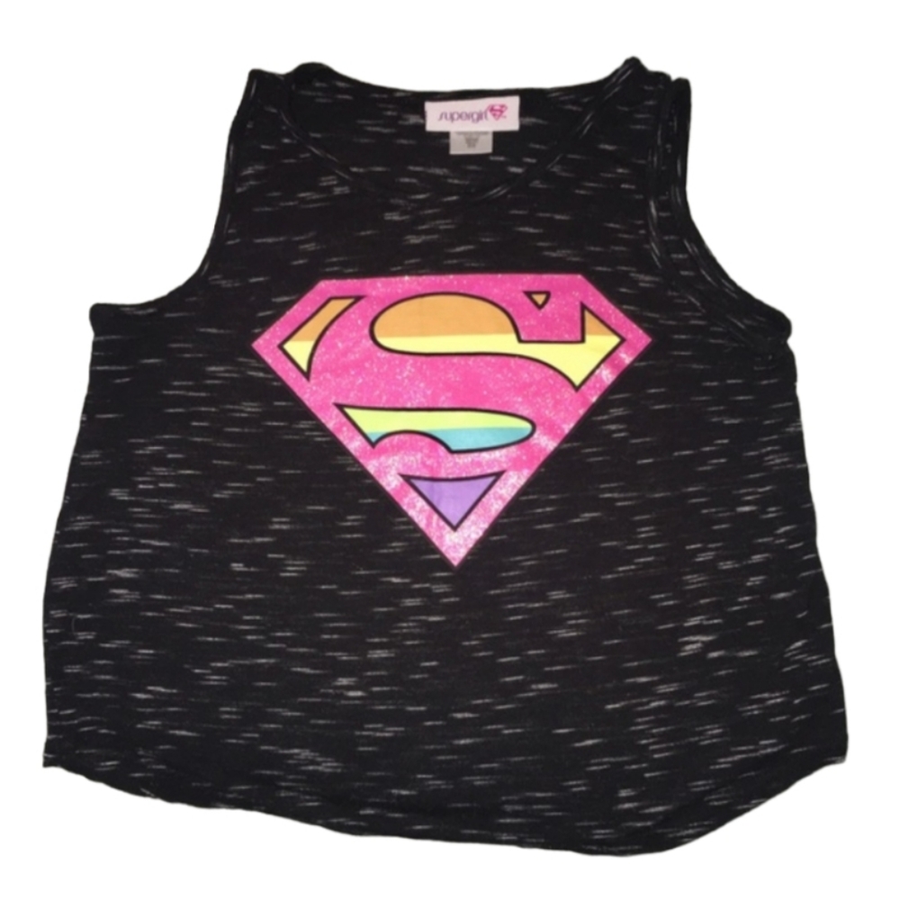SUPER GIRL Black Colorful Rainbow Loose Fit Crop Top Tank Supergirl Super Girl